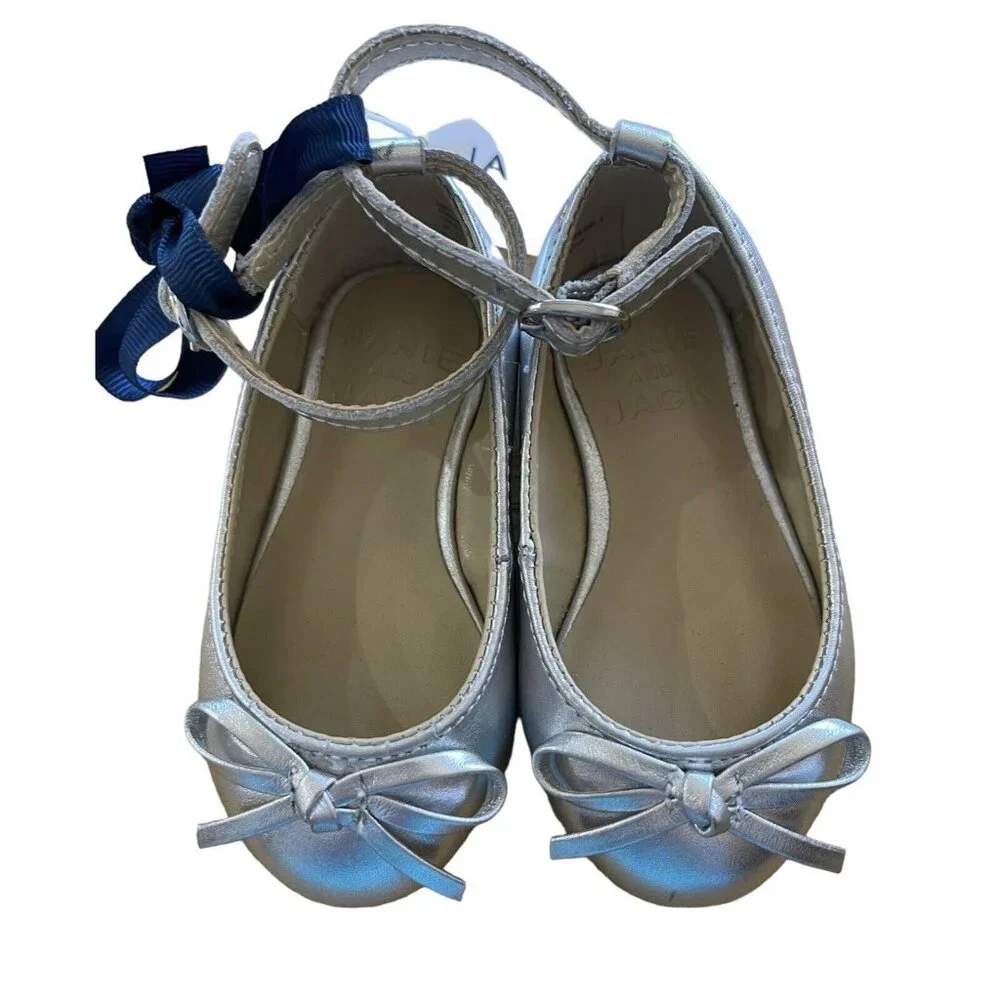 Janie And Jack Shoes Girls Toddler‎ Size 4 Cinderella Princess Bow Silver Flats